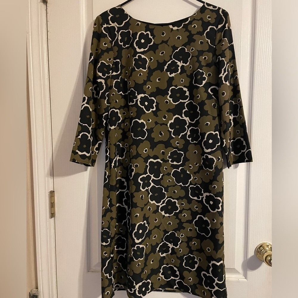 Brooks Brothers Shift Dress Womens 8 Olive Green Floral Excellent 3/4 Sleeve